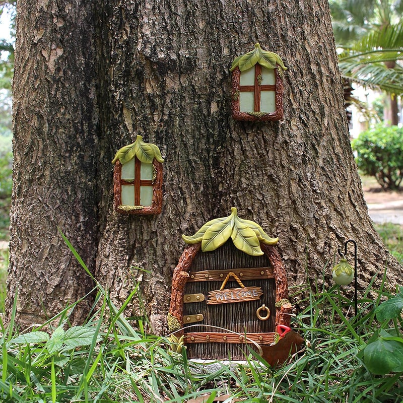 IMOFEE Fairy Door and Windows Garden Kit Accessories Outdoor, Glow in Dark Gnome House for Tree, Lawn Yard Art Sculpture, Miniature Garden Decor (Leaf) - Image 2